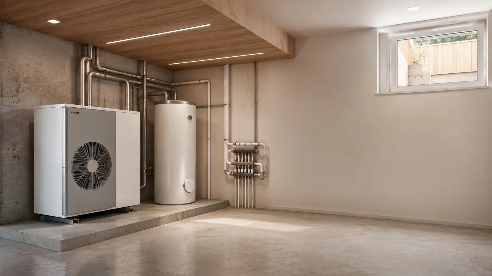 Visualisierung eines Technikraums mit Wärmepumpe, Warmwasserspeicher und Heizkreisverteiler