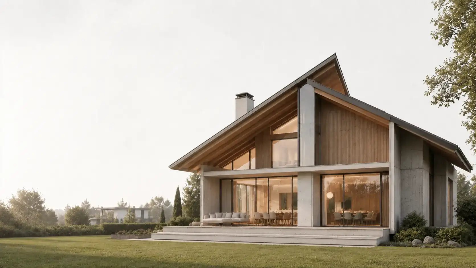 Visualisierung eines Wohnhauses mit Holzfassade und Terrasse