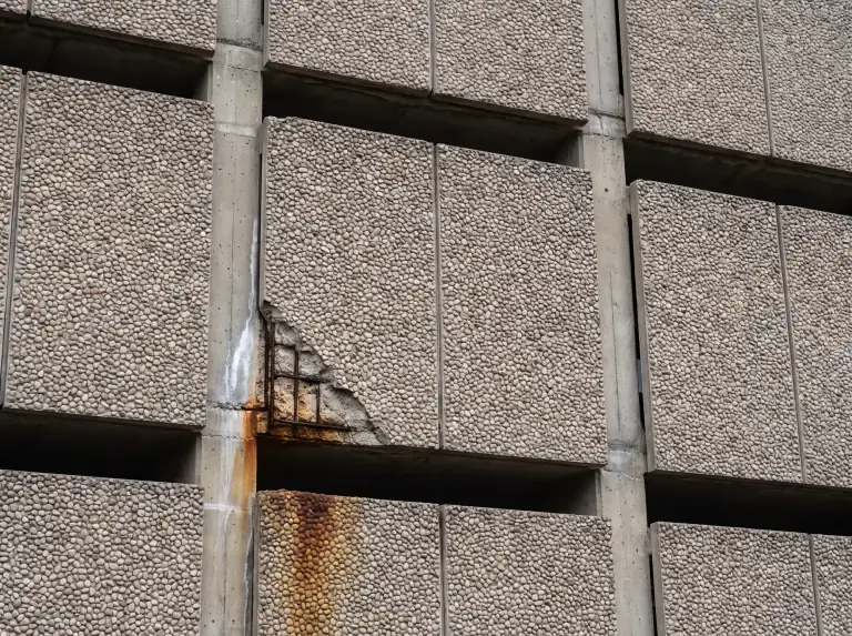 Waschbetonfassade mit Abplatzung und freiliegender Bewehrung (KI-Visualisierung, Symbolbild) - Ingenieurbüro Makowka & Hanik Visualisierung einer vorgehängten Waschbetonfassade mit offenen Fugen und einer Betonabplatzung mit freiliegender Bewehrung