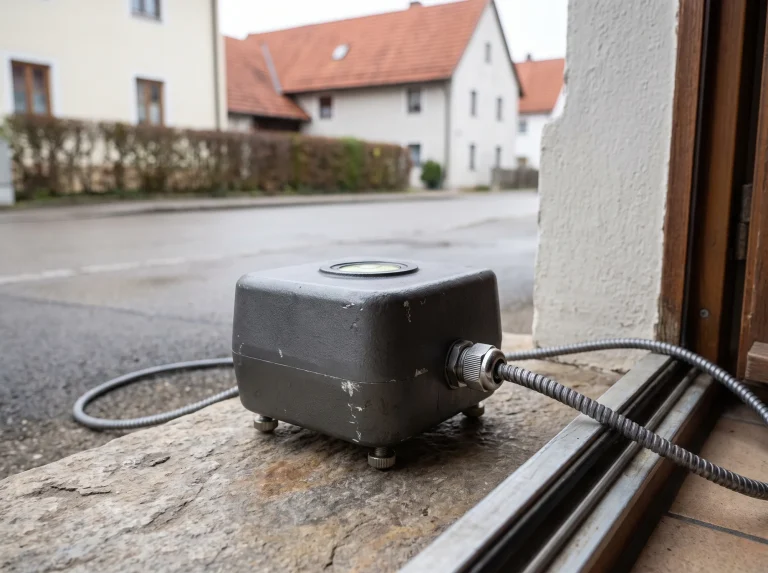 Schwingungsaufnehmer in einer Türlaibung (KI-Visualisierung, Symbolbild) - Ingenieurbüro Makowka & Hanik Visualisierung eines dreiaxialen Schwingungsaufnehmers mit Anschlusskabel in einer Haustürlaibung, dahinter eine Wohnstraße